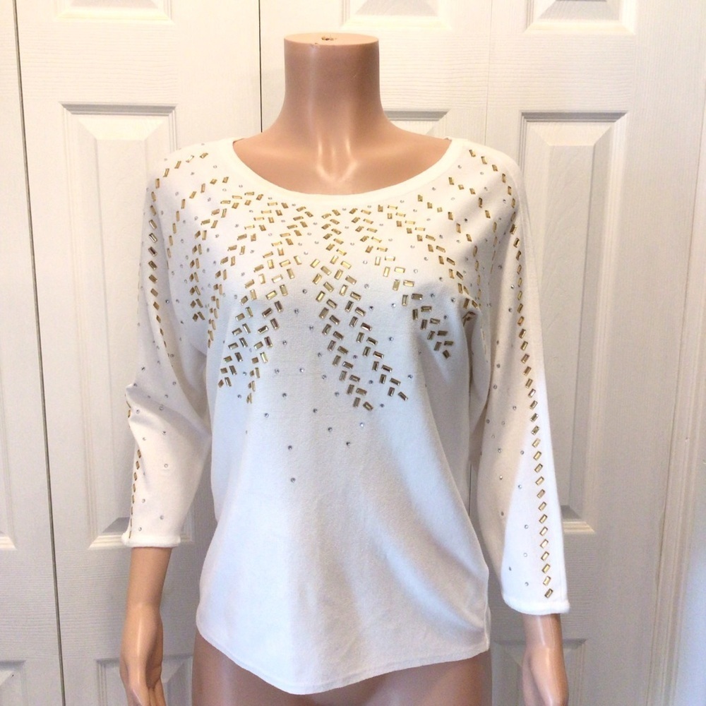 Madison Womens Jupiter White 3/4 Sleeve Embellished Pullover Sweater Size Large